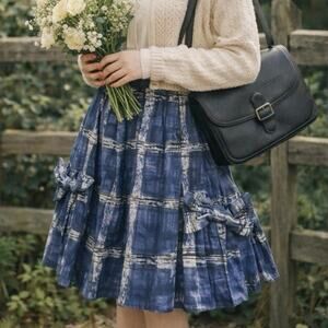 Y2K Anthropologie Lil Blue Plaid Pleated Large Bow Detail A-Line Skirt Size 4